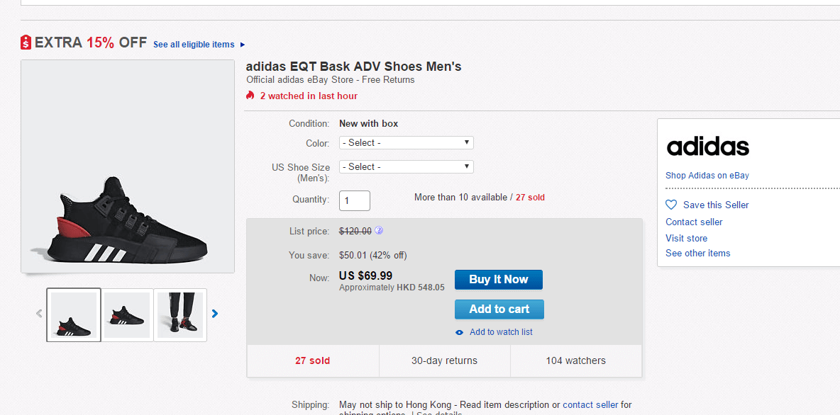 eBay优惠码2018 adidas阿迪达斯 EQT BASK ADV 男款运动休闲鞋折后价$59.49叠加$50-10